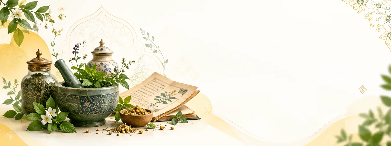 هاون، گیاهان و کتاب طب ایرانی در فضایی روشن